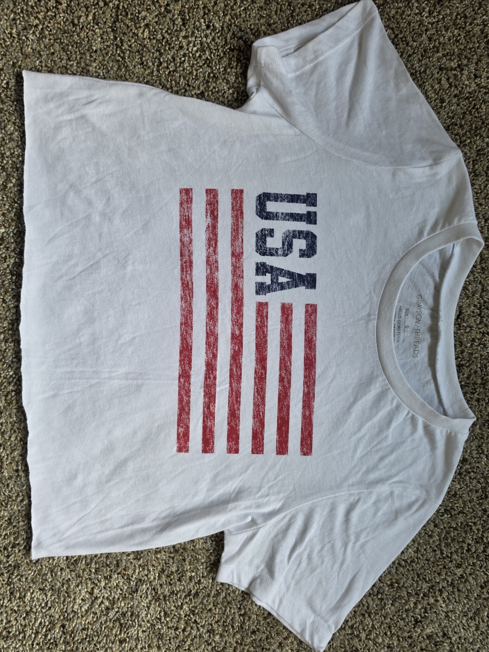 4th of July Grayson Threads White Crop Tee with Red Stripes & Blue USA Print